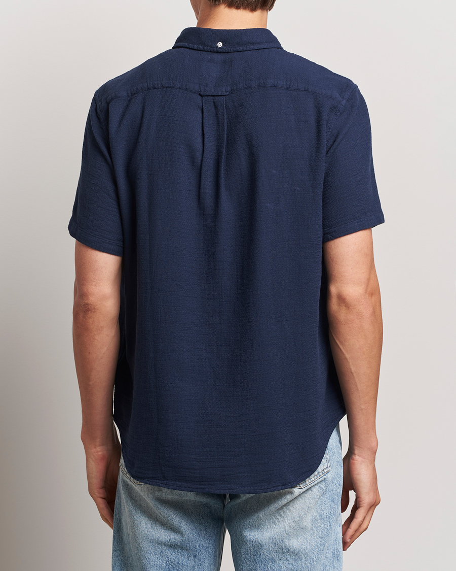 Herre | Skjorter | Gant | Cotton/Linen Texture Short Sleeve Shirt Evening Blue