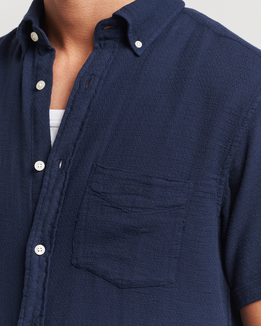 Herre | Skjorter | Gant | Cotton/Linen Texture Short Sleeve Shirt Evening Blue