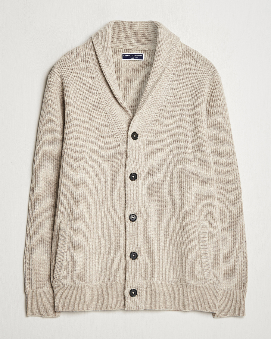 Herre | Gensere | Charles Tyrwhitt | Chunky Merino Shawl Neck Cardigan Oatmeal
