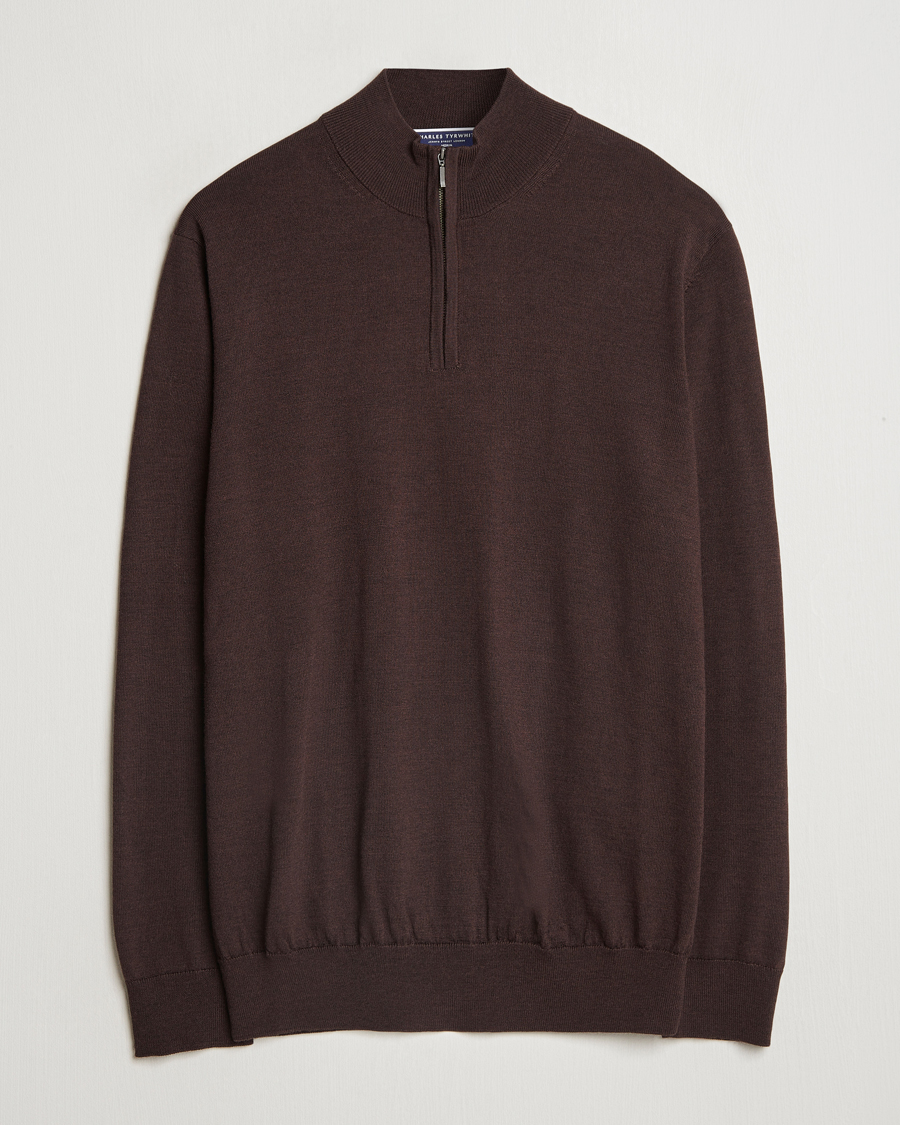 Herre | Gensere | Charles Tyrwhitt | Pure Merino Zip Neck Jumper Chocolate Brown