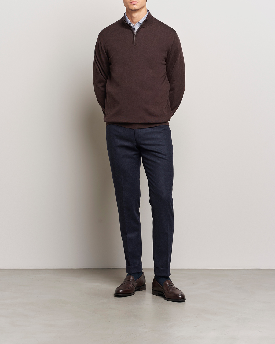 Herre | Gensere | Charles Tyrwhitt | Pure Merino Zip Neck Jumper Chocolate Brown