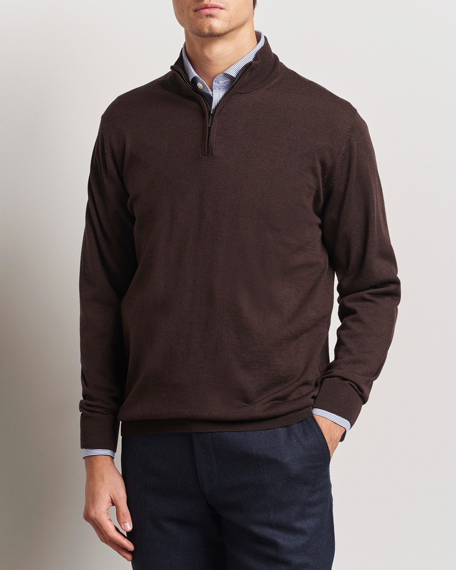Herre | Gensere | Charles Tyrwhitt | Pure Merino Zip Neck Jumper Chocolate Brown