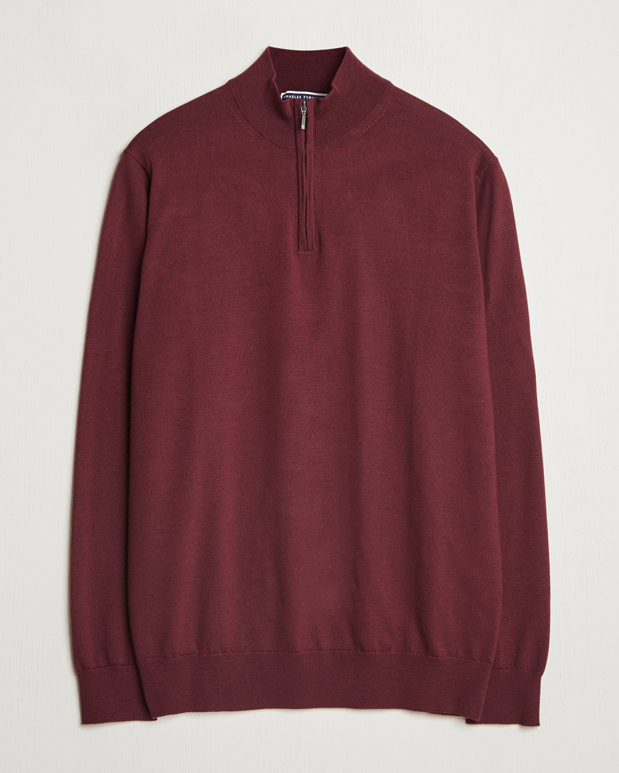 Herre | Gensere | Charles Tyrwhitt | Pure Merino Zip Neck Jumper Burgundy Red