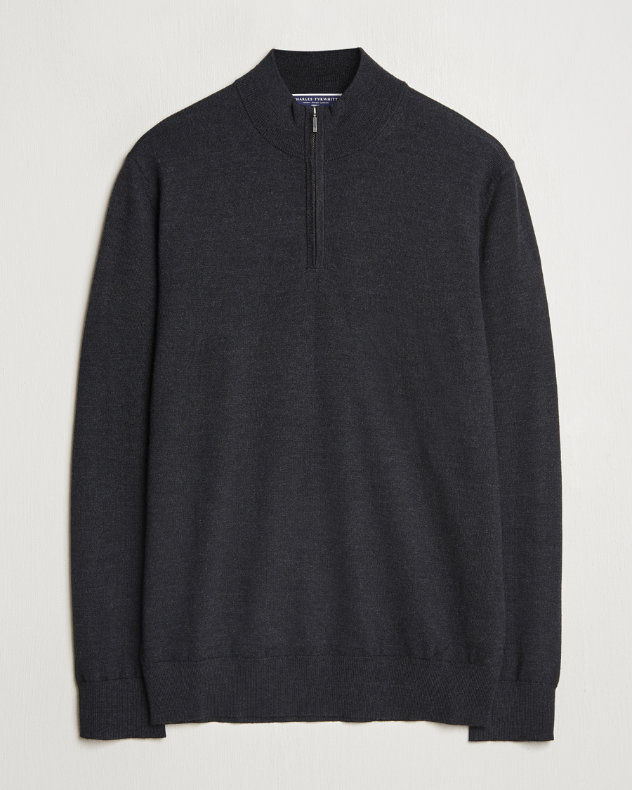 Herre | Gensere | Charles Tyrwhitt | Pure Merino Zip Neck Jumper Dark Charcoal