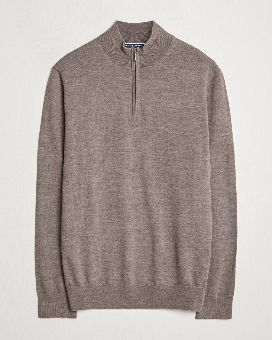 Herre | Gensere | Charles Tyrwhitt | Pure Merino Zip Neck Jumper Mocha