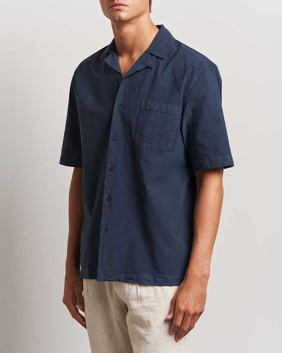 Herre | Skjorter | Sunspel | Lightweight Seersucker Shirt Navy