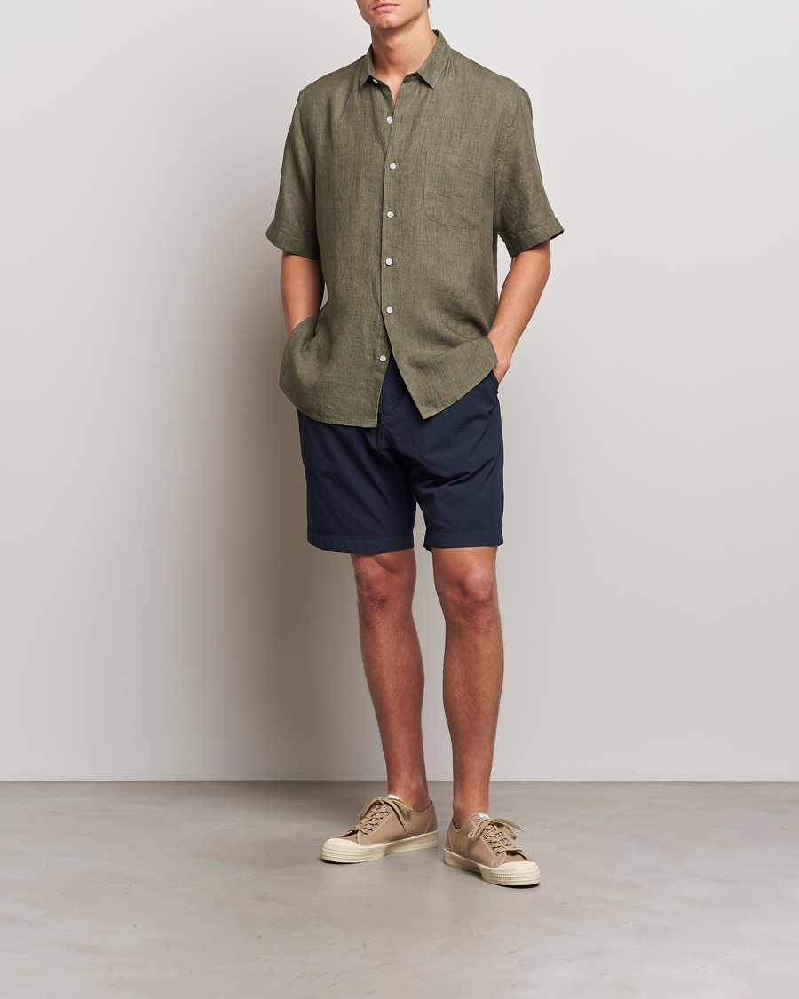Herre | Skjorter | Sunspel | Short Sleeved Linen Shirt Khaki