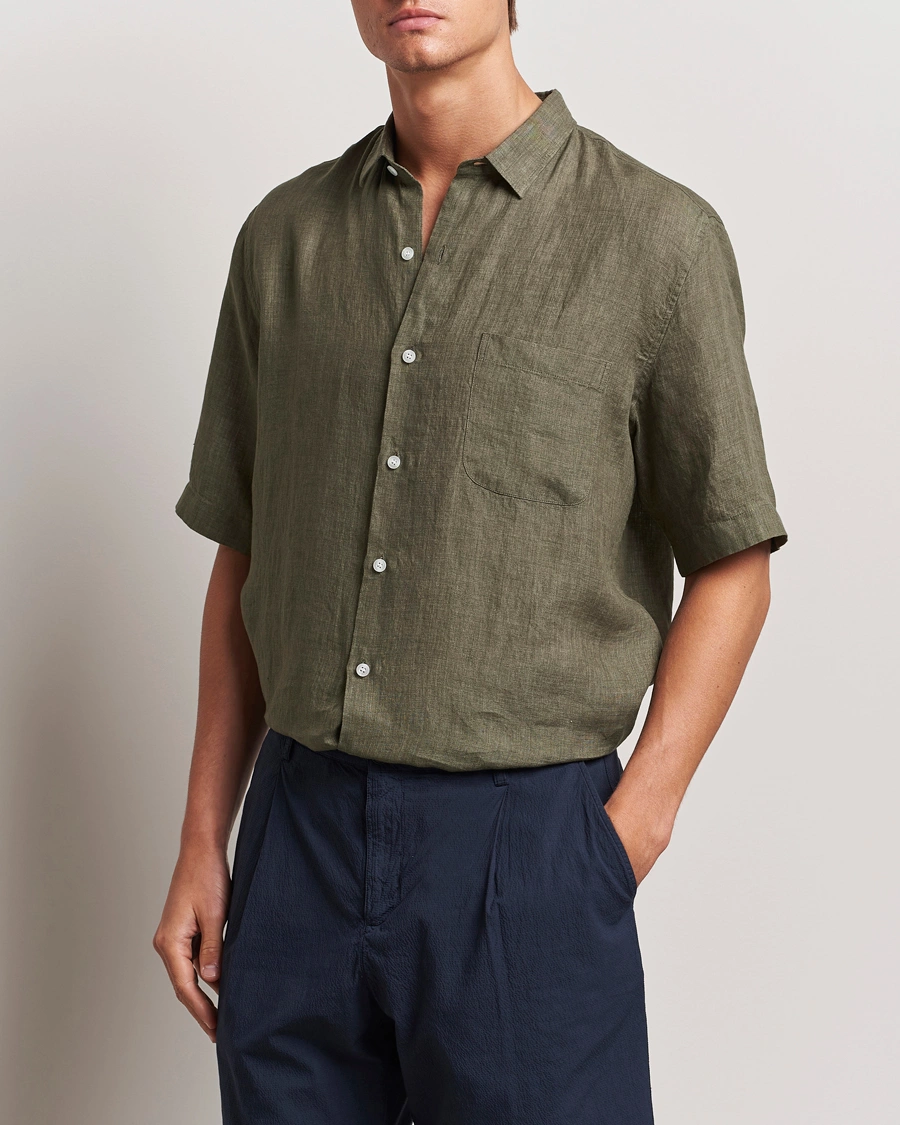 Herre | Klær | Sunspel | Short Sleeved Linen Shirt Khaki