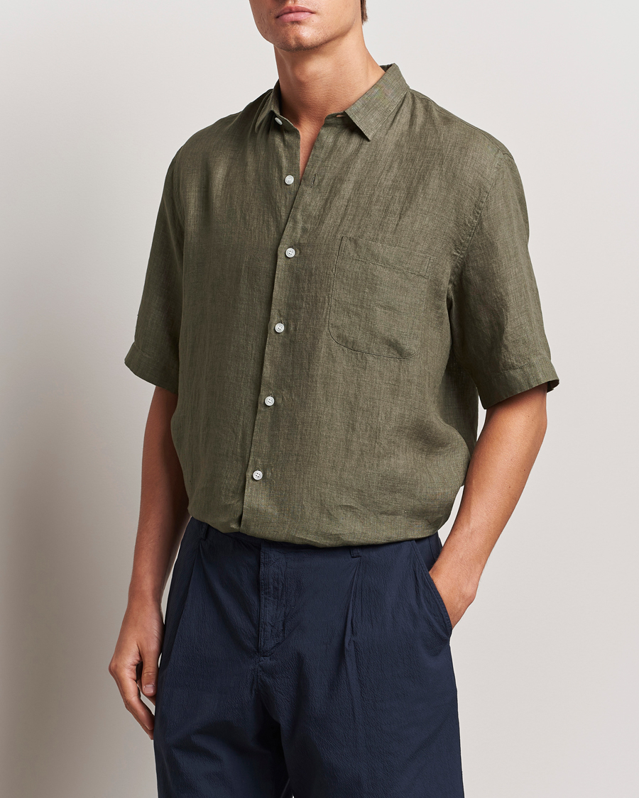 Herre | Skjorter | Sunspel | Short Sleeved Linen Shirt Khaki