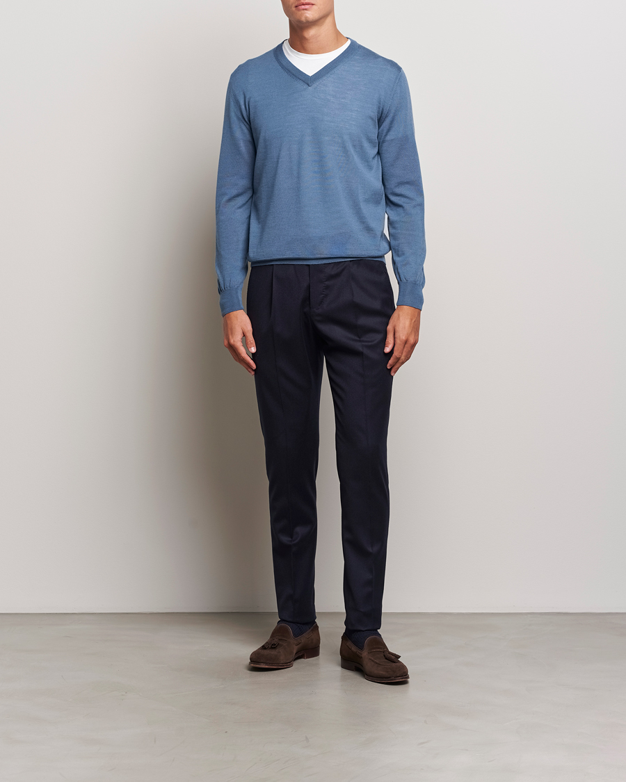 Herre | Gensere | Canali | Merino Wool V-Neck Light Blue