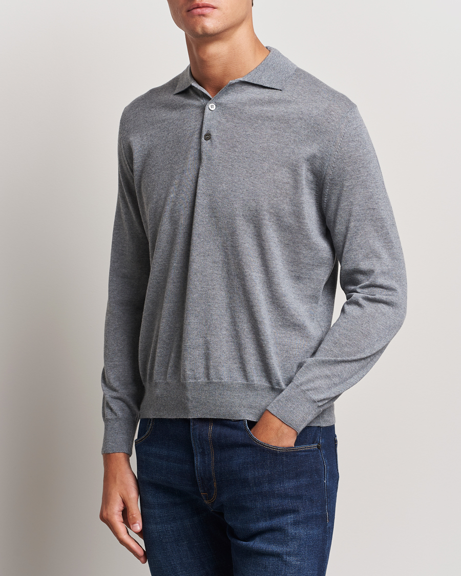 Herre | Gensere | Canali | Merino Wool Knitted Polo Light Grey