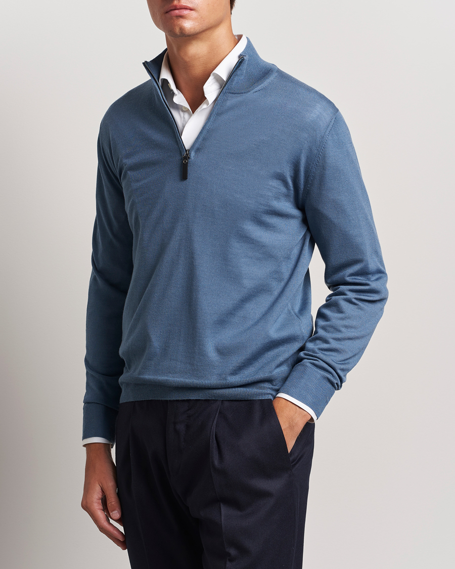 Herre | Gensere | Canali | Merino Wool Half Zip Light Blue