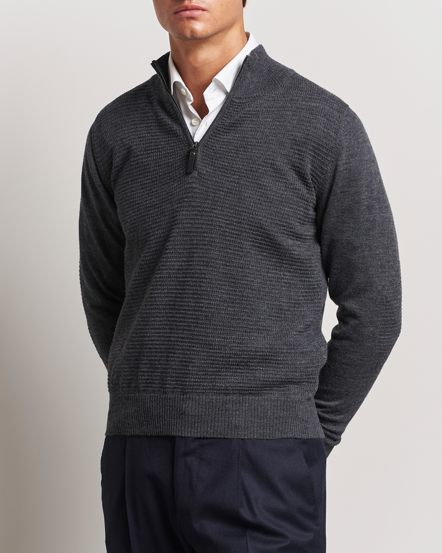 Herre | Gensere | Canali | Textured Knit Half Zip Charcoal
