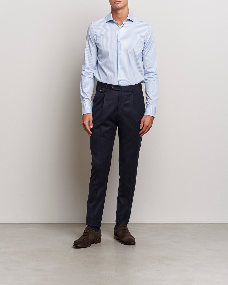 Herre | Skjorter | Canali | Slim Fit Cotton/Stretch Shirt Light Blue Stripe