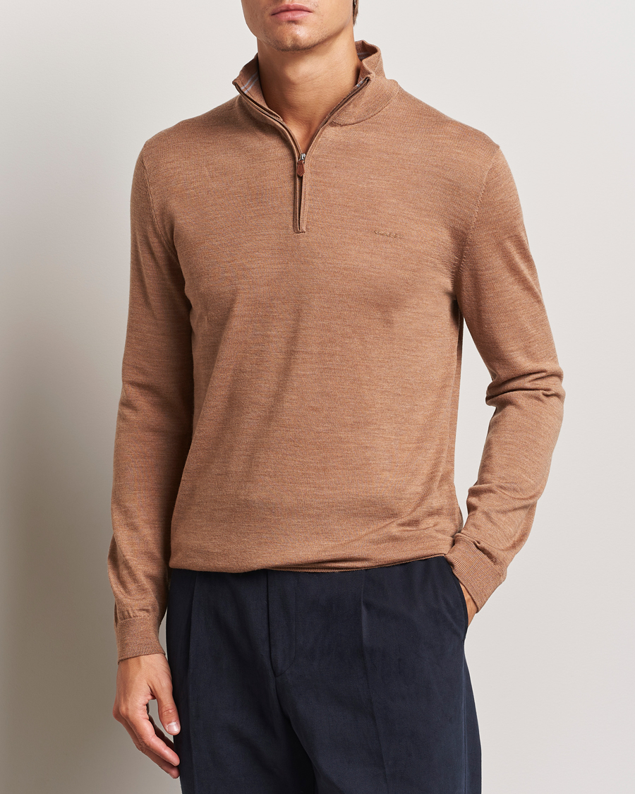 Herre | Gensere | GANT | Extrafine Merino Wool Half Zip Dk Sand Melange