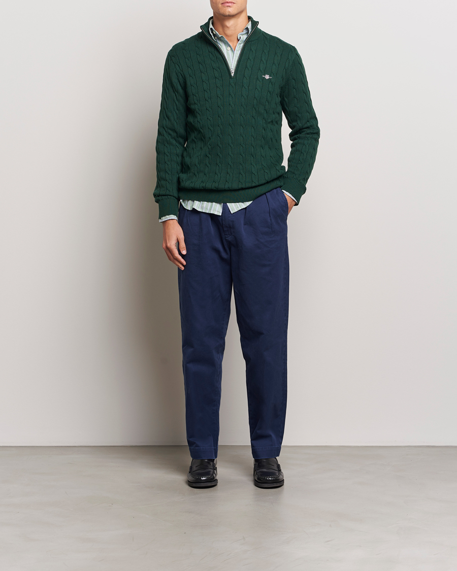 Herre | Gensere | GANT | Cotton Cable Half Zip Tartan Green
