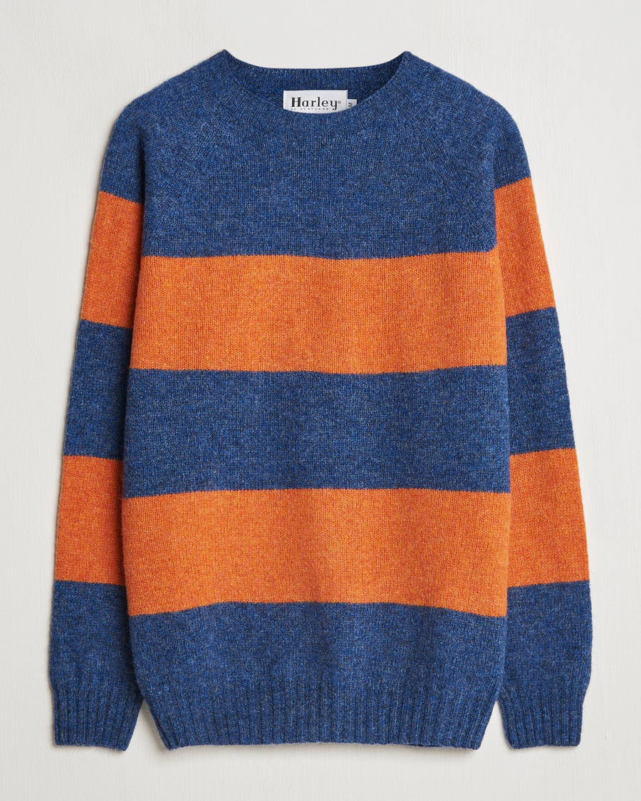 Herre | Gensere | Harley Of Scotland | Block Stripe Lambswool Crewneck Blue/Orange