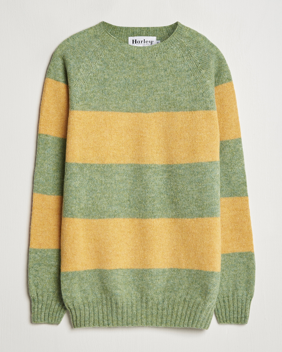 Herre | Gensere | Harley Of Scotland | Block Stripe Lambswool Crewneck Yellow/Green