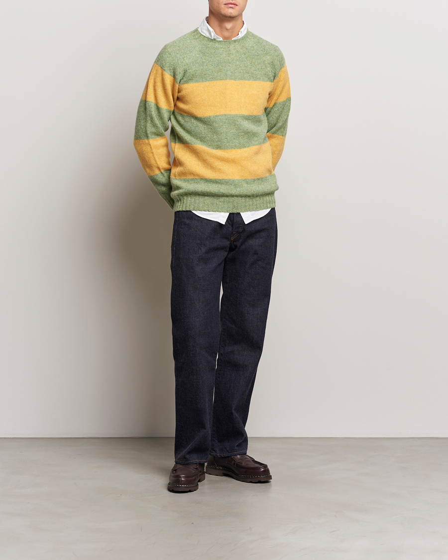 Herre | Gensere | Harley Of Scotland | Block Stripe Lambswool Crewneck Yellow/Green