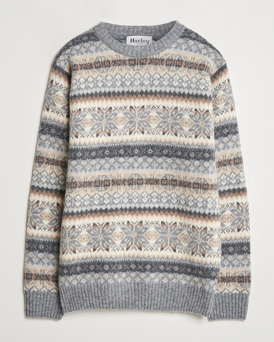 Herre | Gensere | Harley Of Scotland | Supersoft Lambswool Fairisle Crewneck Grey
