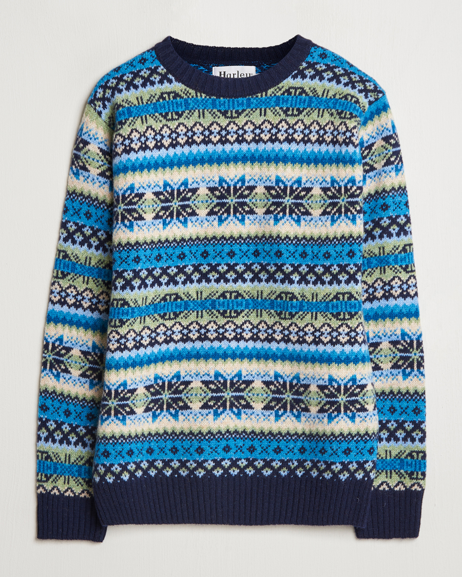 Herre | Gensere | Harley Of Scotland | Supersoft Lambswool Fairisle Crewneck Navy