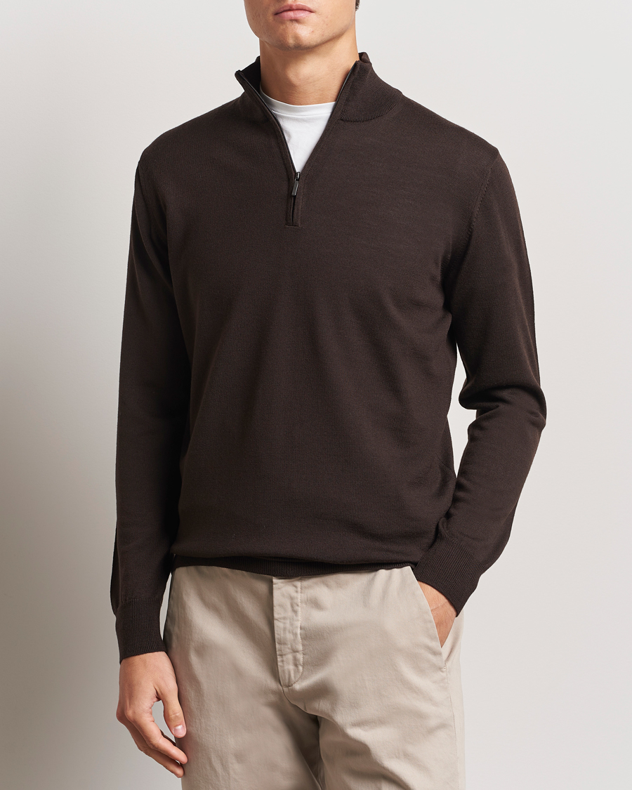 Herre | Gensere | Morgano | Extra Fine Merino Wool Half-Zip Dark Brown