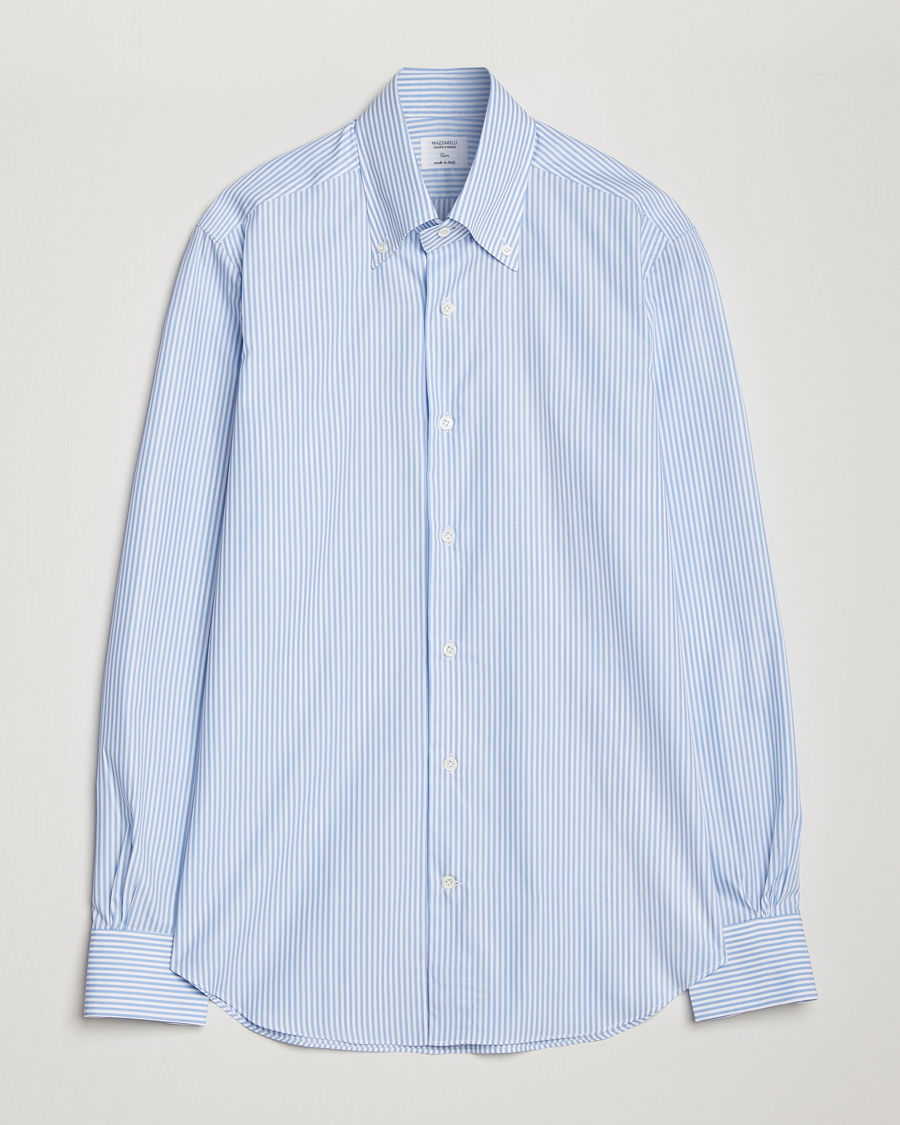 Herre | Skjorter | Mazzarelli | Soft Cotton Striped Button Down Shirt Light Blue