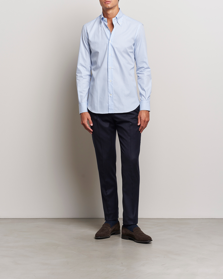 Herre | Skjorter | Mazzarelli | Soft Cotton Striped Button Down Shirt Light Blue