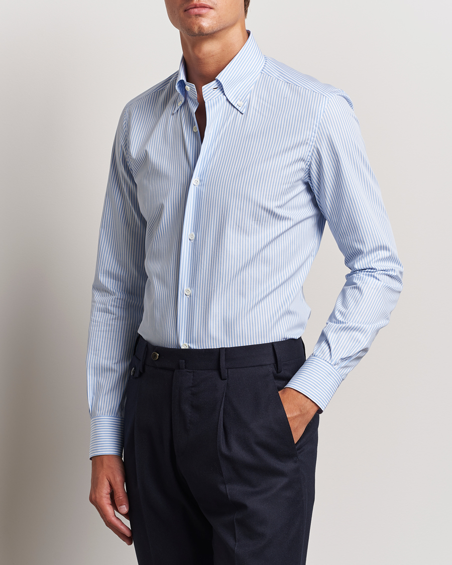 Herre | Skjorter | Mazzarelli | Soft Cotton Striped Button Down Shirt Light Blue