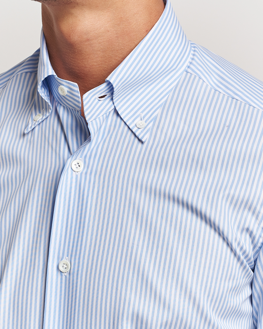 Herre | Skjorter | Mazzarelli | Soft Cotton Striped Button Down Shirt Light Blue