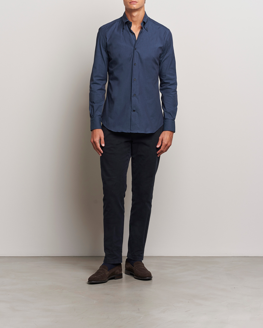 Herre | Skjorter | Mazzarelli | Soft Garment Dyed Button Down Shirt Navy