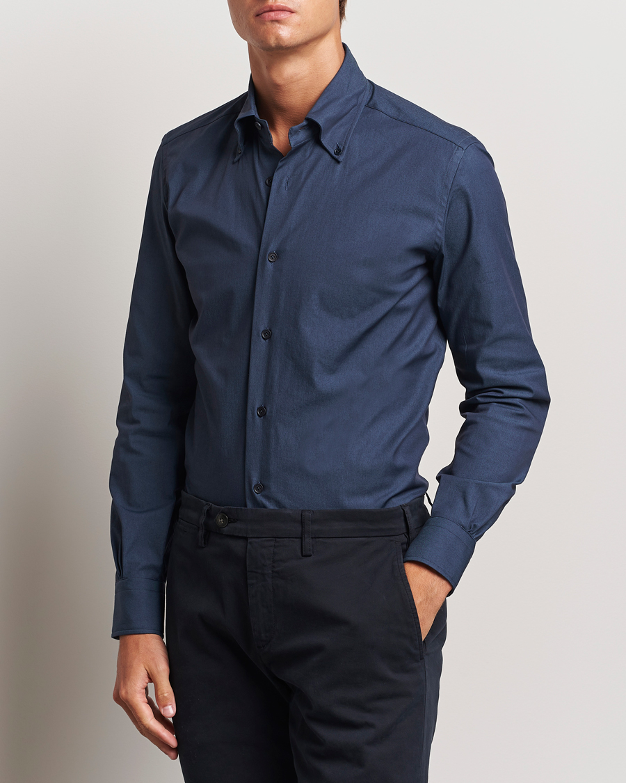 Herre | Skjorter | Mazzarelli | Soft Garment Dyed Button Down Shirt Navy
