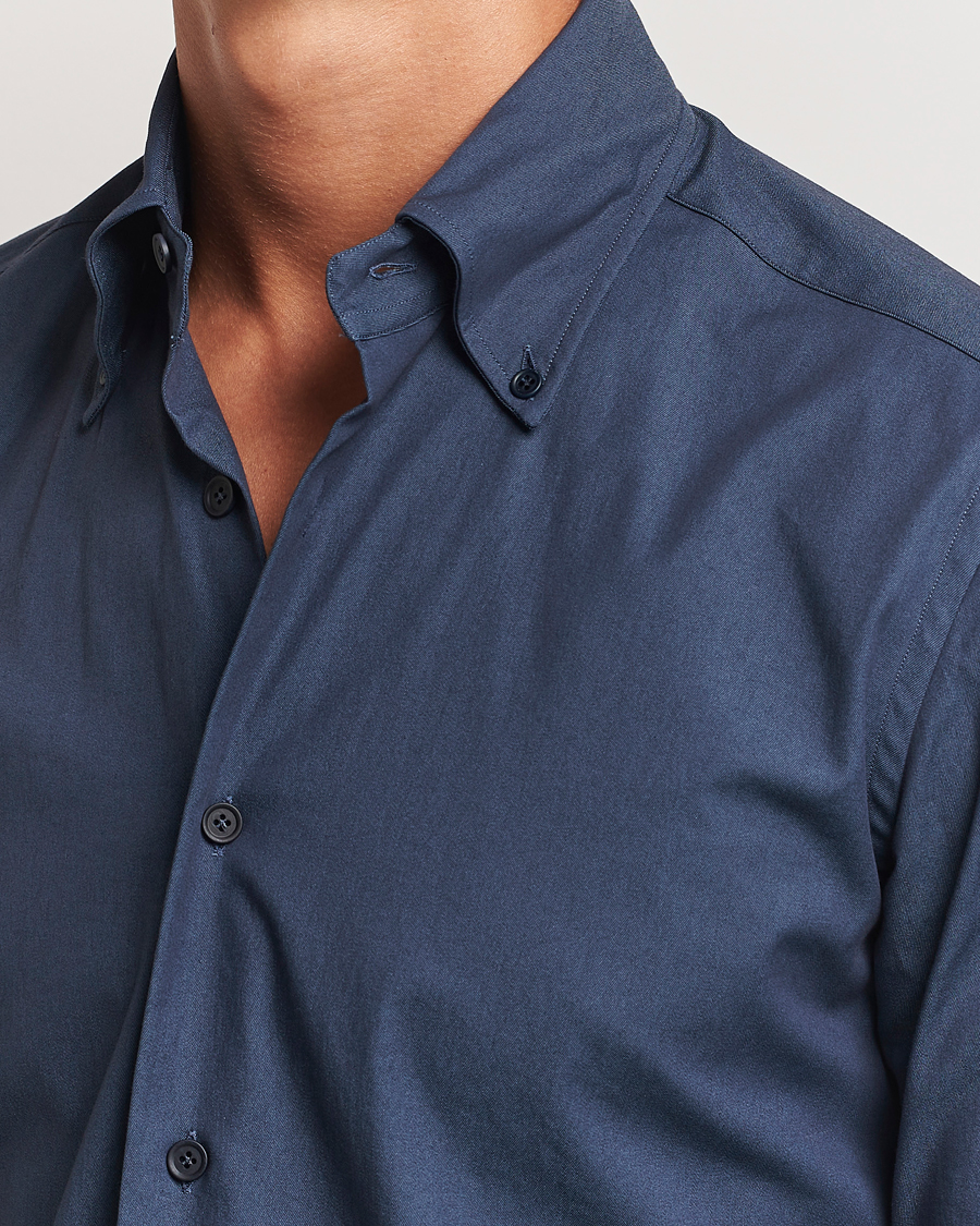 Herre | Skjorter | Mazzarelli | Soft Garment Dyed Button Down Shirt Navy