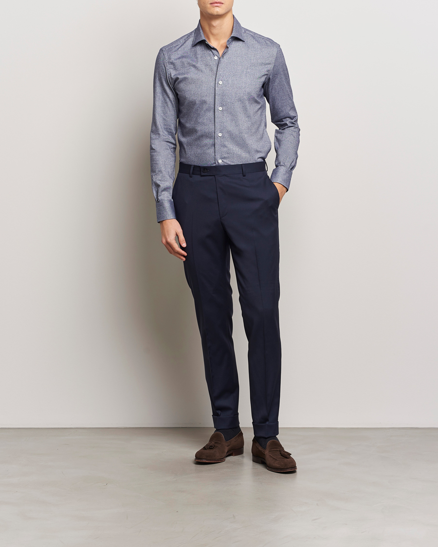 Herre | Skjorter | Mazzarelli | Soft Flannel Cut Away Shirt Dark Blue