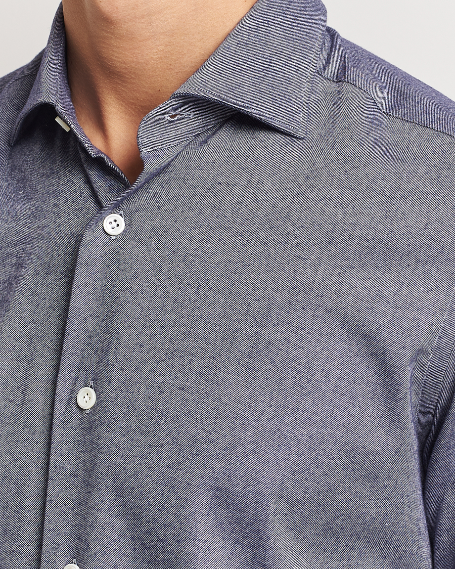 Herre | Skjorter | Mazzarelli | Soft Flannel Cut Away Shirt Dark Blue