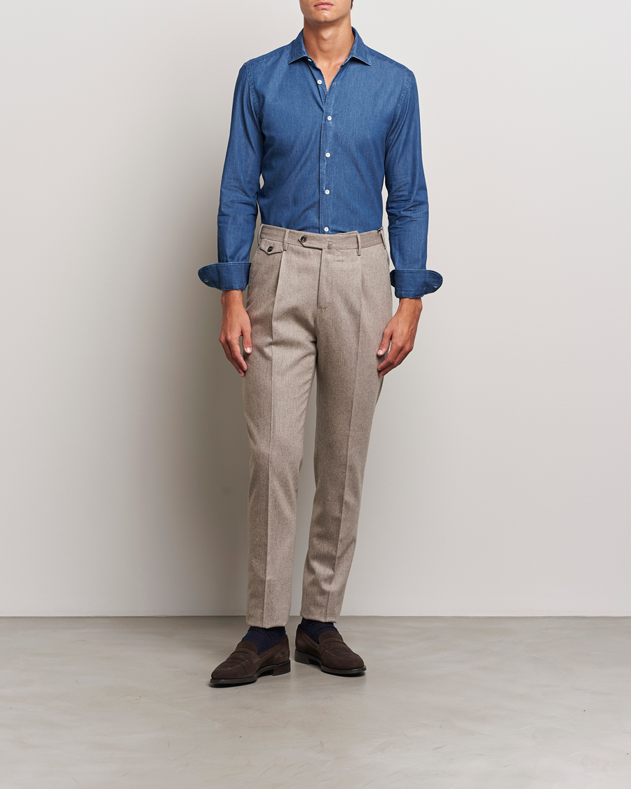Herre | Skjorter | Mazzarelli | Soft Cotton Denim Shirt Stone Wash