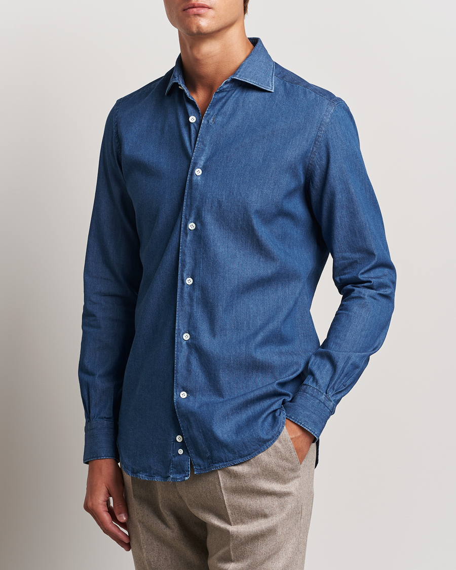 Herre | Skjorter | Mazzarelli | Soft Cotton Denim Shirt Stone Wash