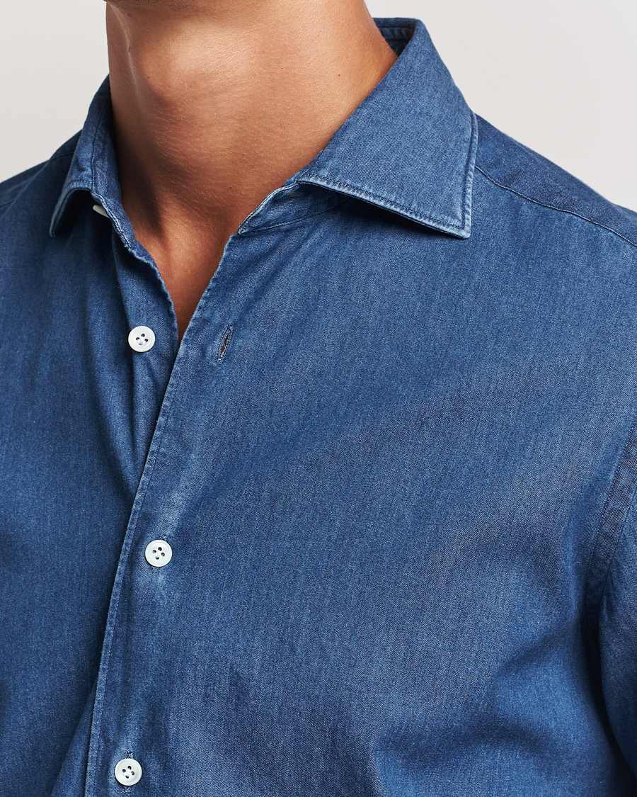 Herre | Skjorter | Mazzarelli | Soft Cotton Denim Shirt Stone Wash