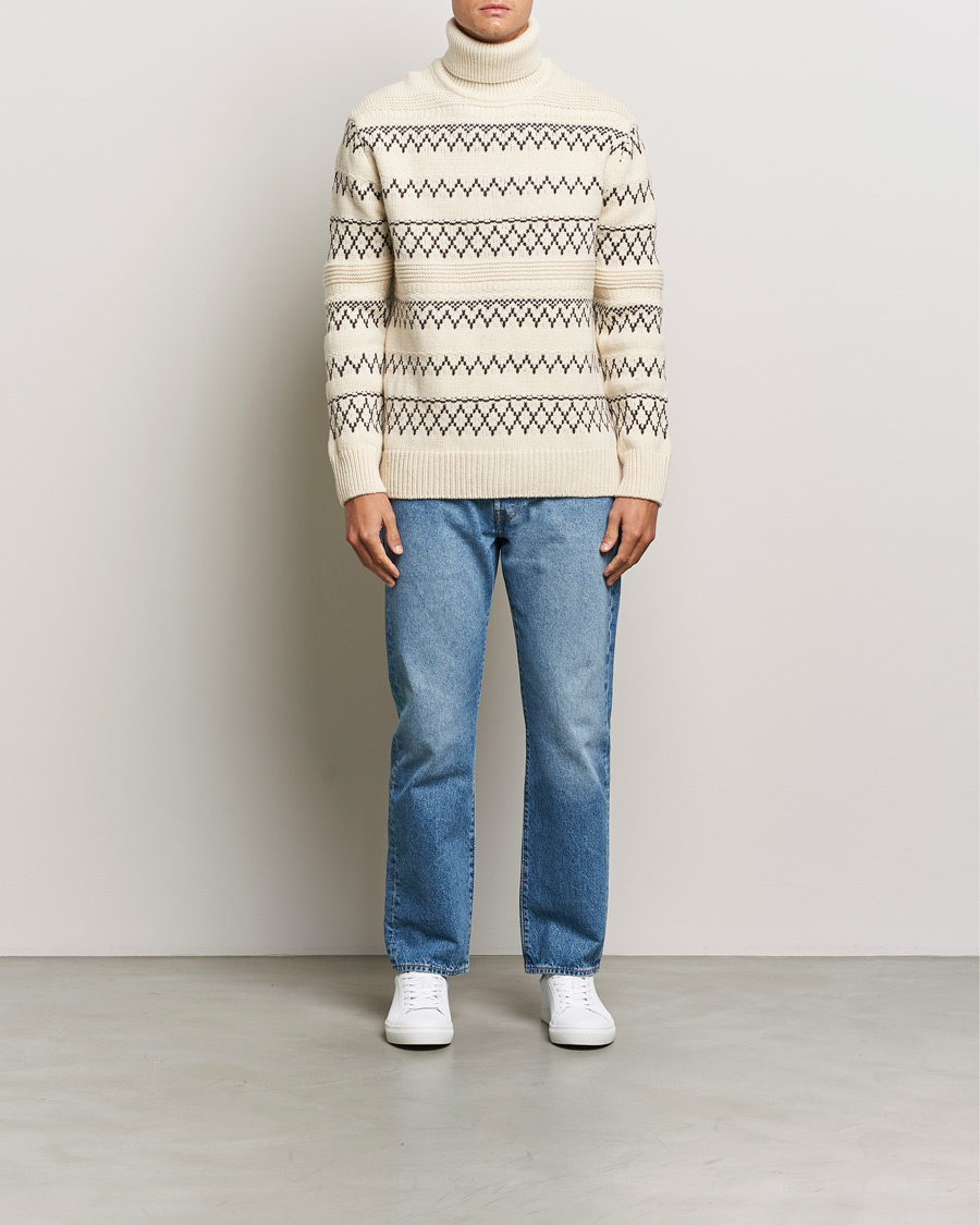 Herre | Gensere | KnowledgeCotton Apparel | Knitted Pattern Lambswool Rollneck Off White