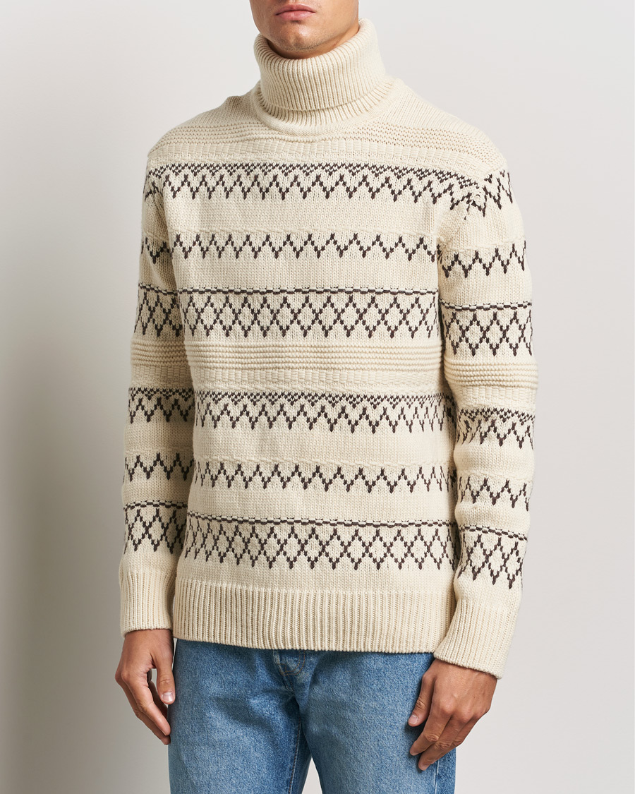 Herre | Gensere | KnowledgeCotton Apparel | Knitted Pattern Lambswool Rollneck Off White