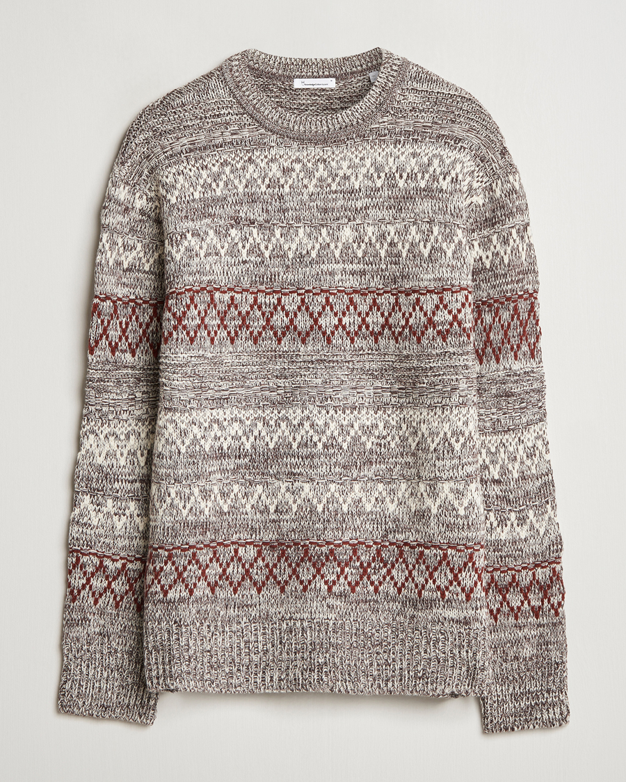 Herre | Gensere | KnowledgeCotton Apparel | Knitted Pattern Lambswool Crewneck Brown