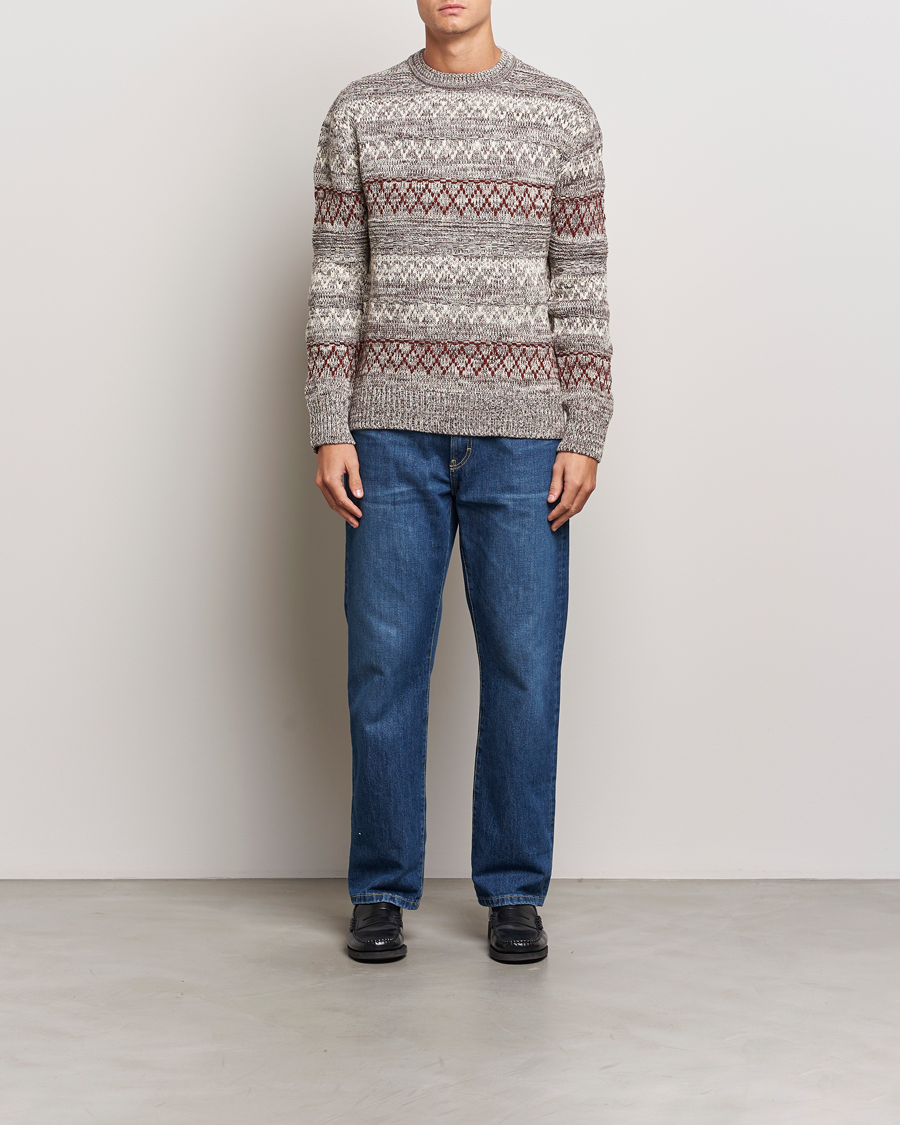 Herre | Gensere | KnowledgeCotton Apparel | Knitted Pattern Lambswool Crewneck Brown