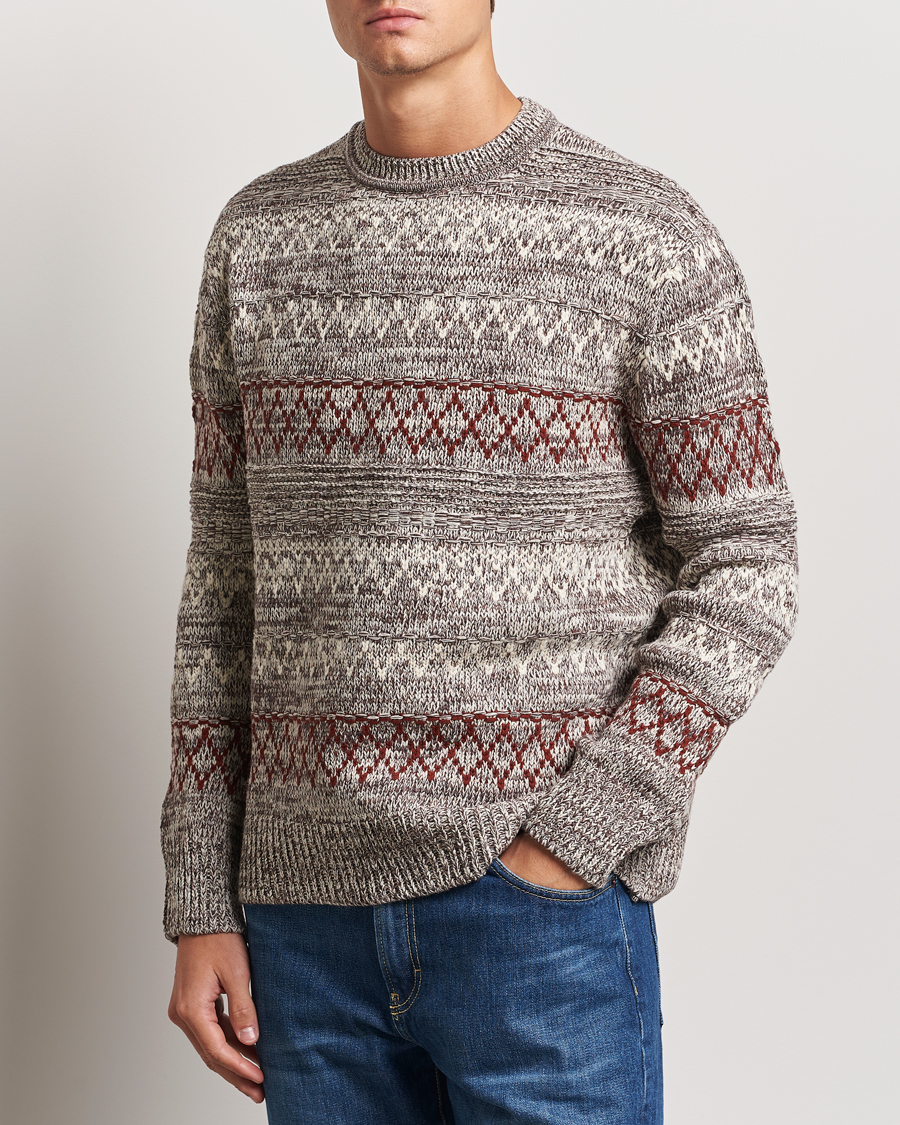 Herre | Gensere | KnowledgeCotton Apparel | Knitted Pattern Lambswool Crewneck Brown