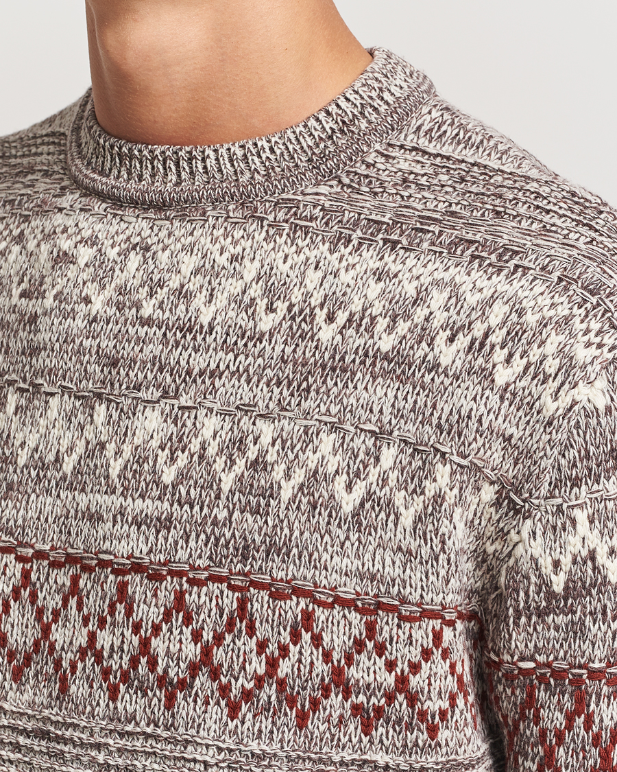 Herre | Gensere | KnowledgeCotton Apparel | Knitted Pattern Lambswool Crewneck Brown