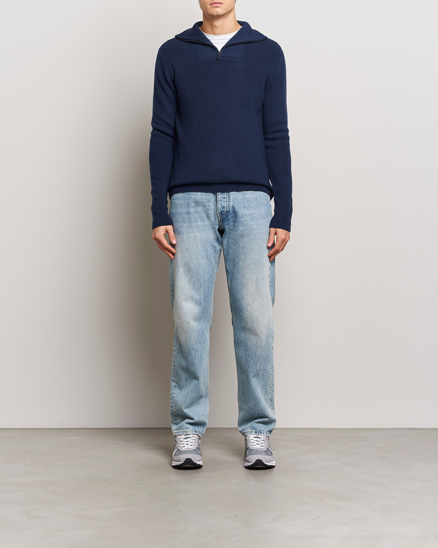 Herre | Gensere | KnowledgeCotton Apparel | Heavy Lambswool Half Zip Navy
