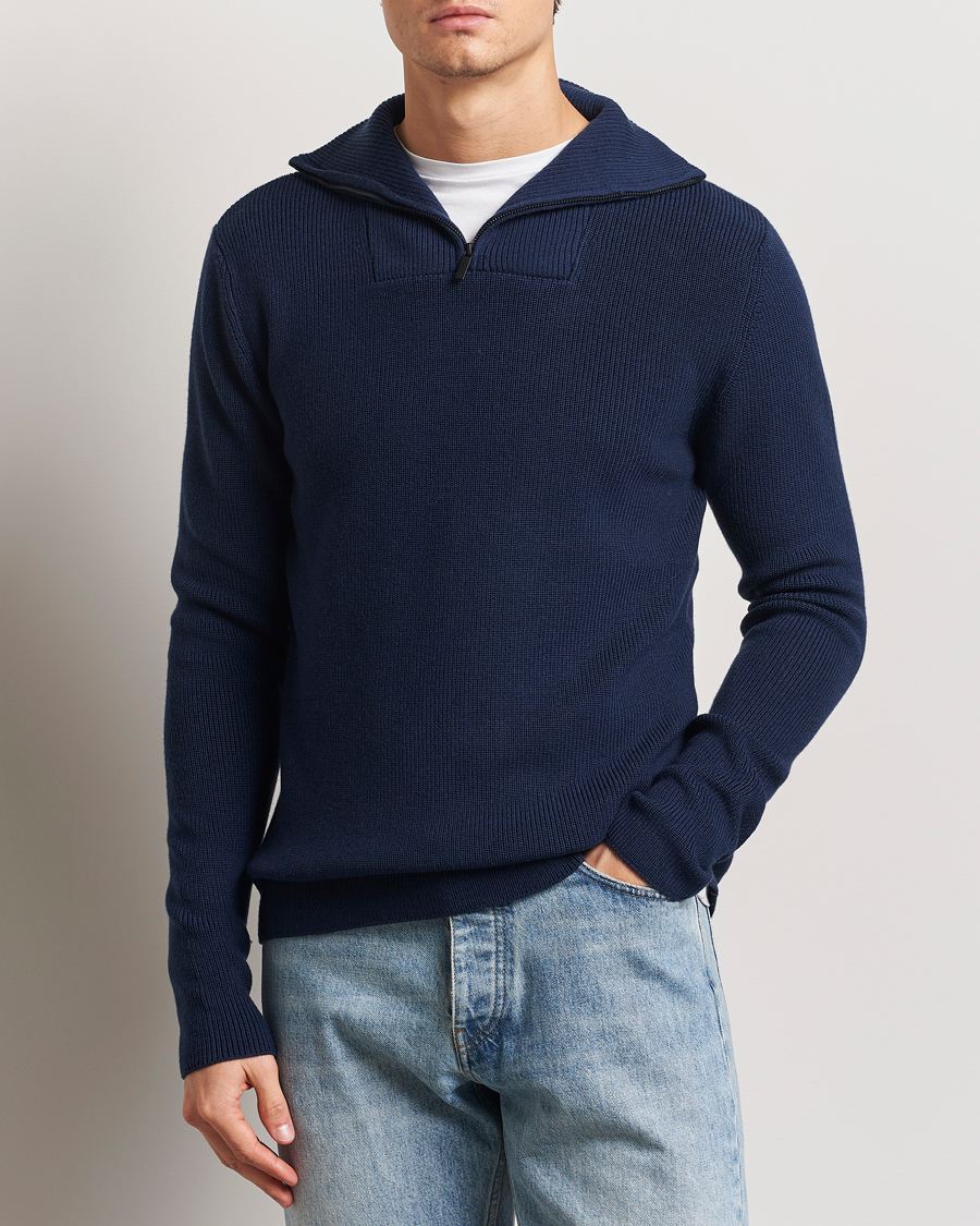 Herre | Gensere | KnowledgeCotton Apparel | Heavy Lambswool Half Zip Navy