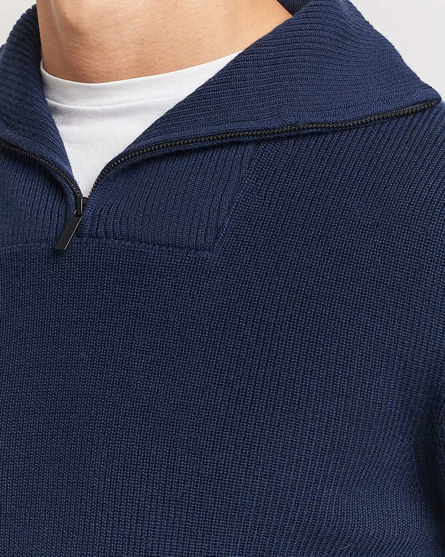 Herre | Gensere | KnowledgeCotton Apparel | Heavy Lambswool Half Zip Navy