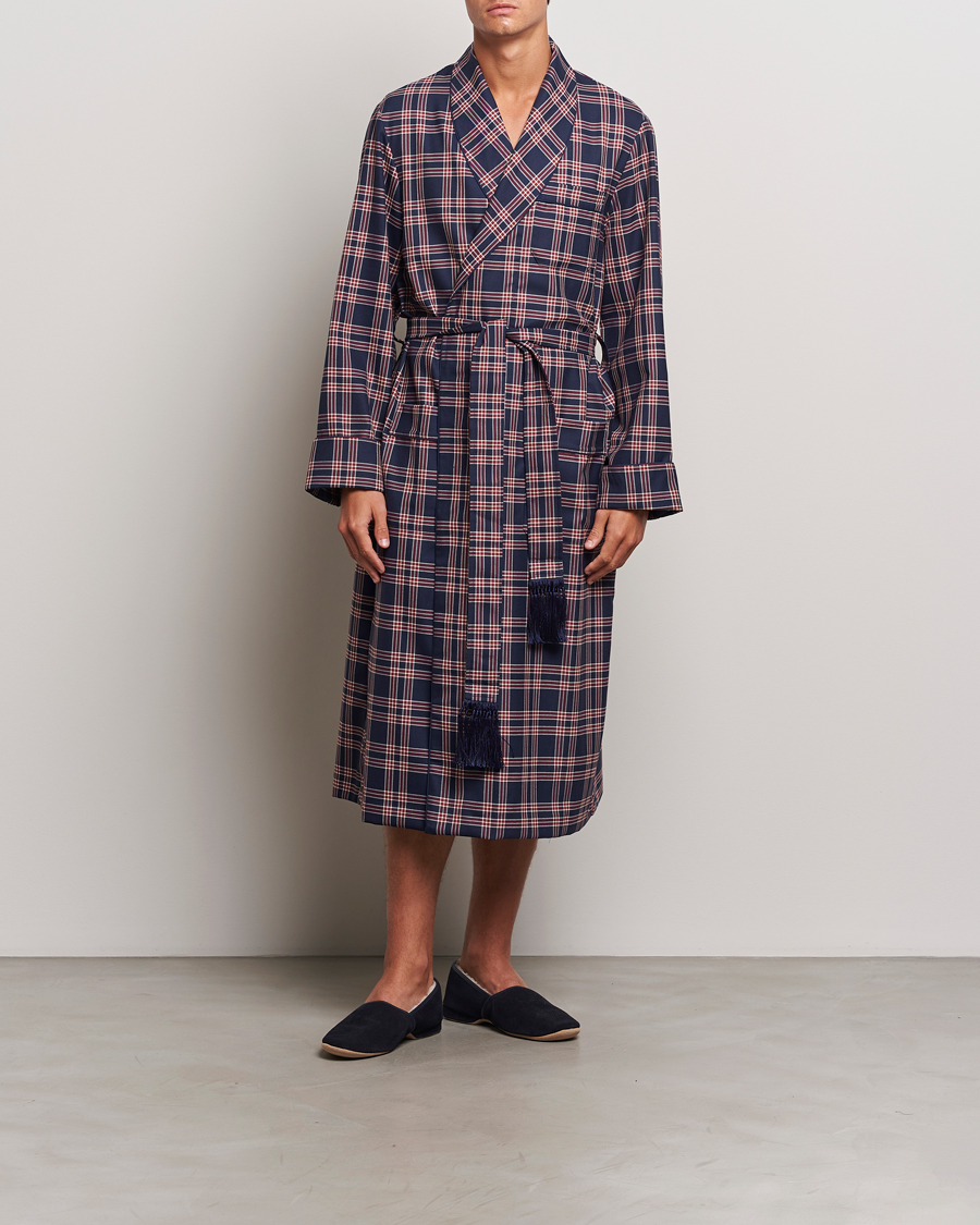 Herre | Derek Rose Wool Checked Dressing Gown Navy | Derek Rose | Wool Checked Dressing Gown Navy