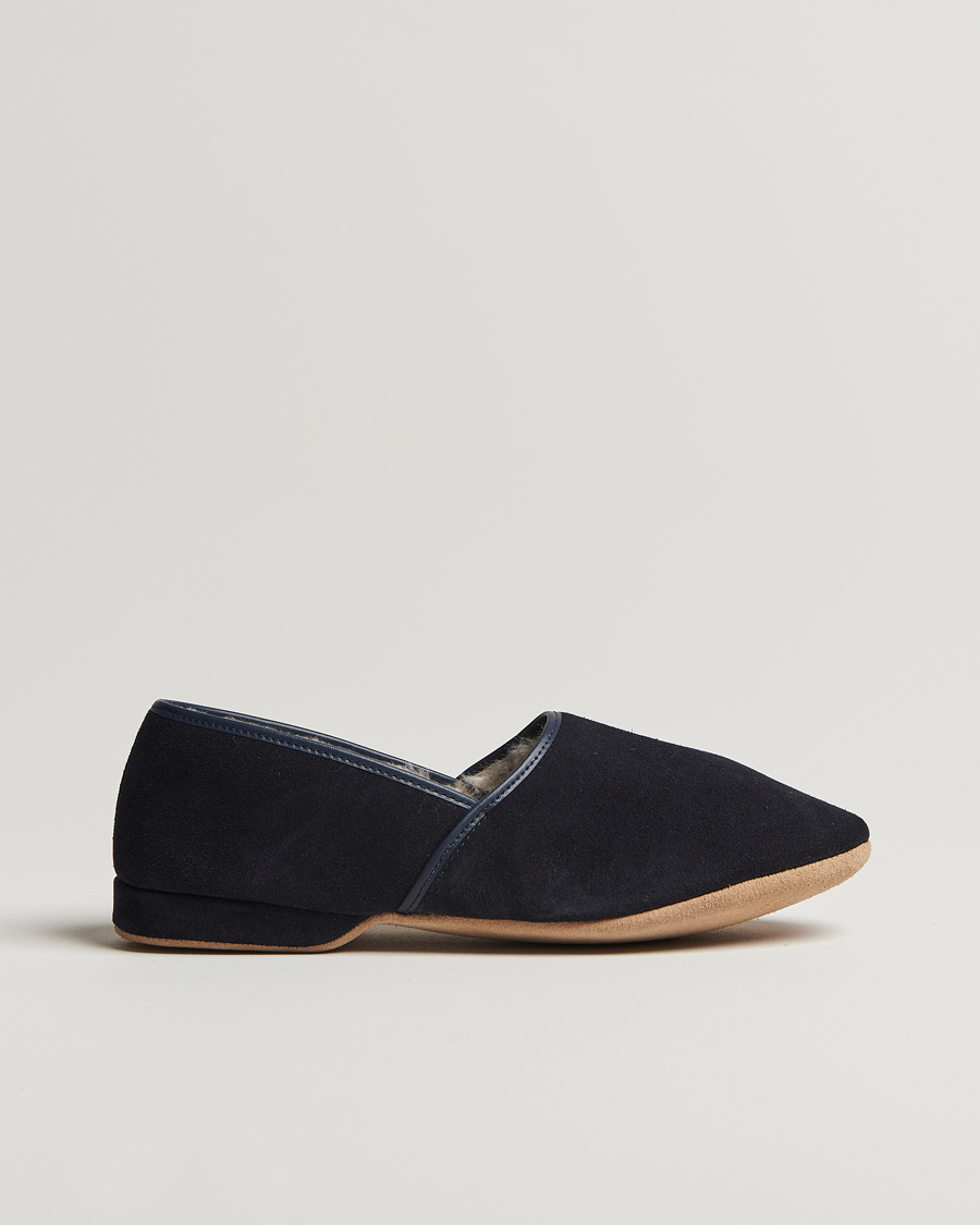 Herre | Sandaler og tøfler | Derek Rose | Crawford Sheepskin Suede Slippers Navy