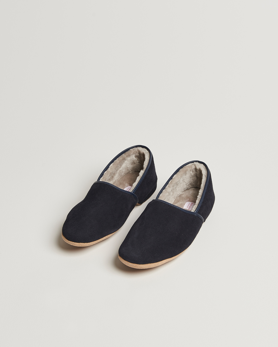 Herre | Sandaler og tøfler | Derek Rose | Crawford Sheepskin Suede Slippers Navy